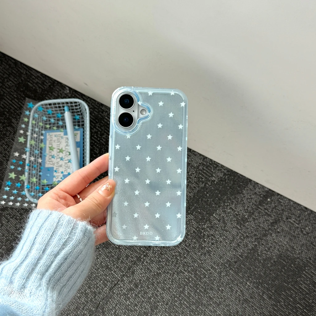 

Противоударный защитный чехол для iPhone 17 16 15 14 Pro в корейском стиле, полупрозрачный, светло-голубой с белыми звездами