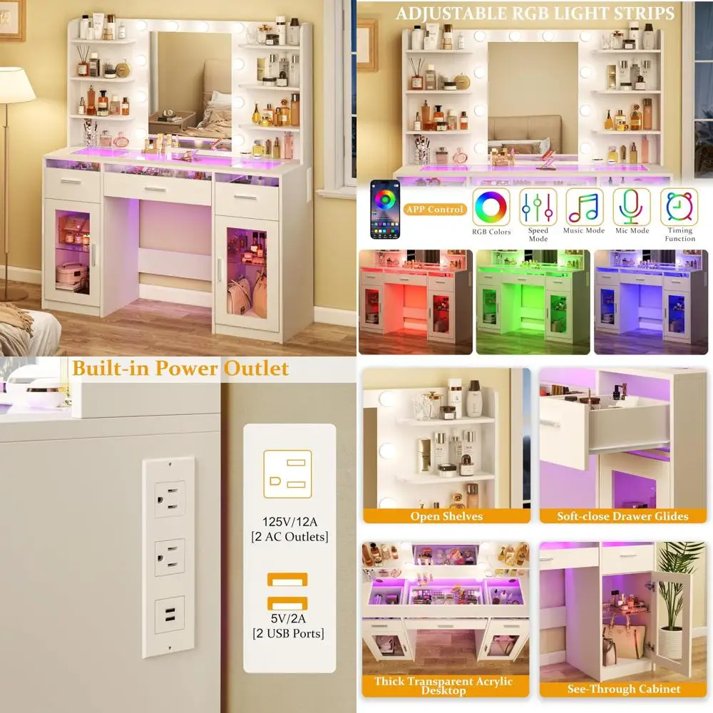 Luxury Makeup Vanity Desk with Illuminated Mirror and 3-Color LED Lights, Transparent Top, 3 RGB Drawers, 6 Storage Shelves, 2 T