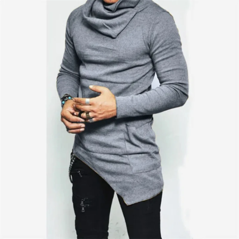 Spring Autumn New Pile Collar Long Sleeved Solid Color High Street T-Shirts Man Fashion Pocket Patchwork Asymmetrical Pullovers