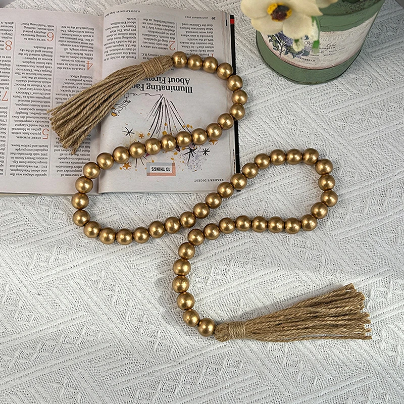 Wood Bead Garland With Tassels Farmhouse Tassel Bead Ornament Country Decor Prayer Boho Beads Wall Hanging Decoration