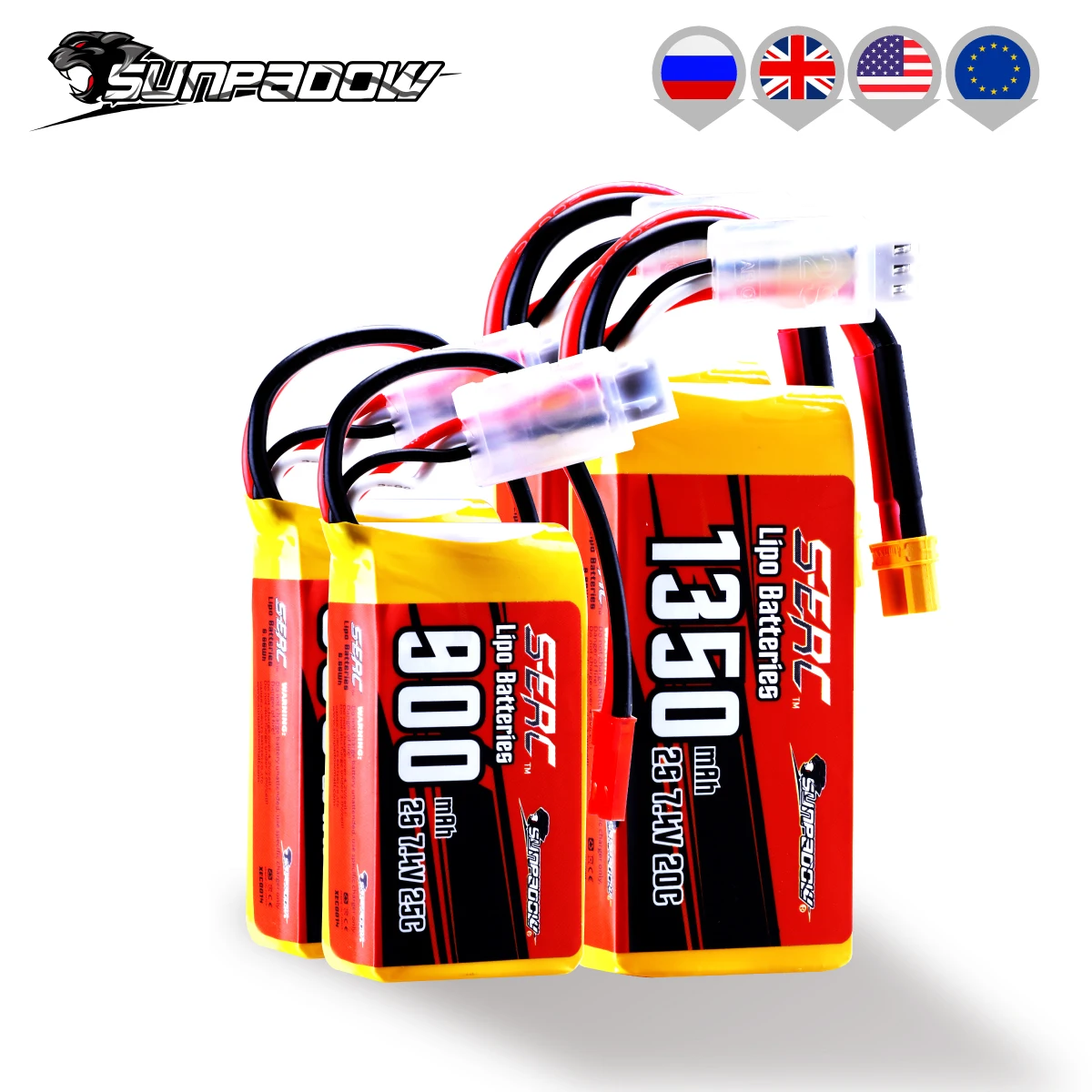 Sunpadow 2S Lipo Battery for 7.4V 900mAh 1350mAh 20C 25C Batteries Soft Pack with JST XT30 Plug for RC Airplane Quadcopter 2pack