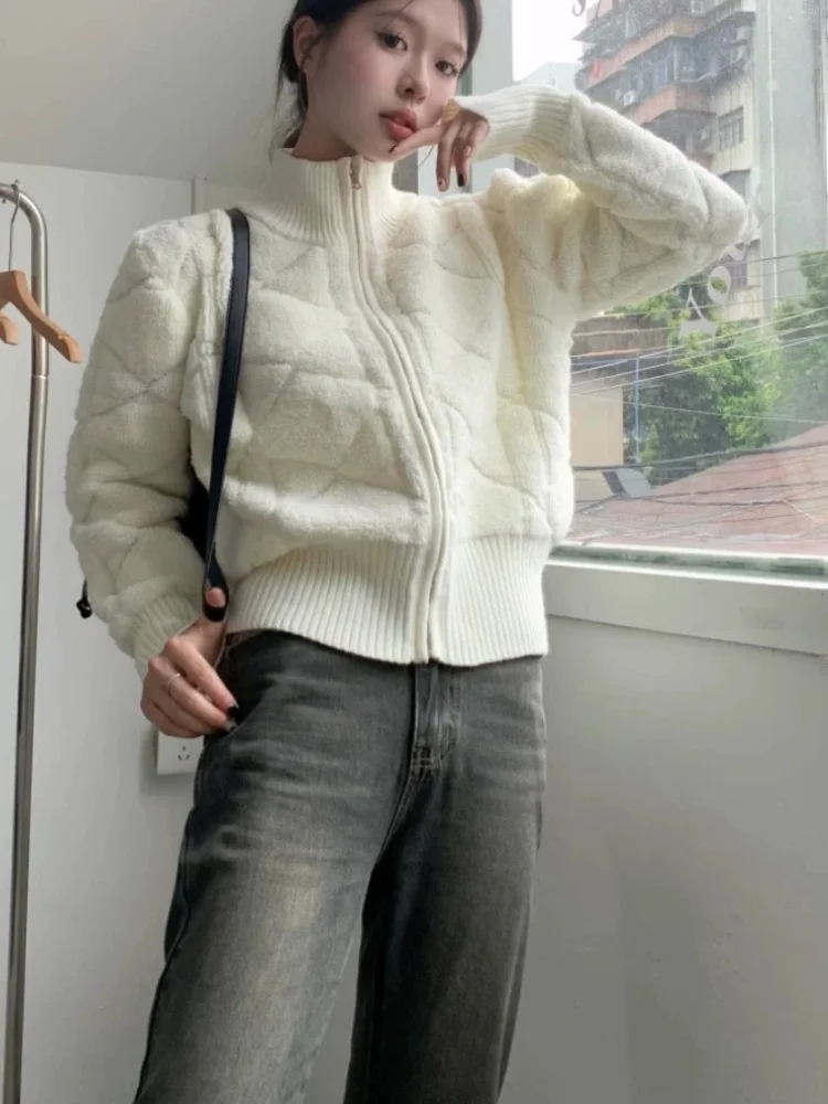 เสื้อคาร์ดิแกนไหมพรมถักแบบมีซิปสำหรับผู้หญิง คอตั้ง สวมใส่สบาย เหมาะสำหรับฤดูใบไม้ผลิ ฤดูใบไม้ร่วง และฤดูหนาว ทรงหลวม ยาว