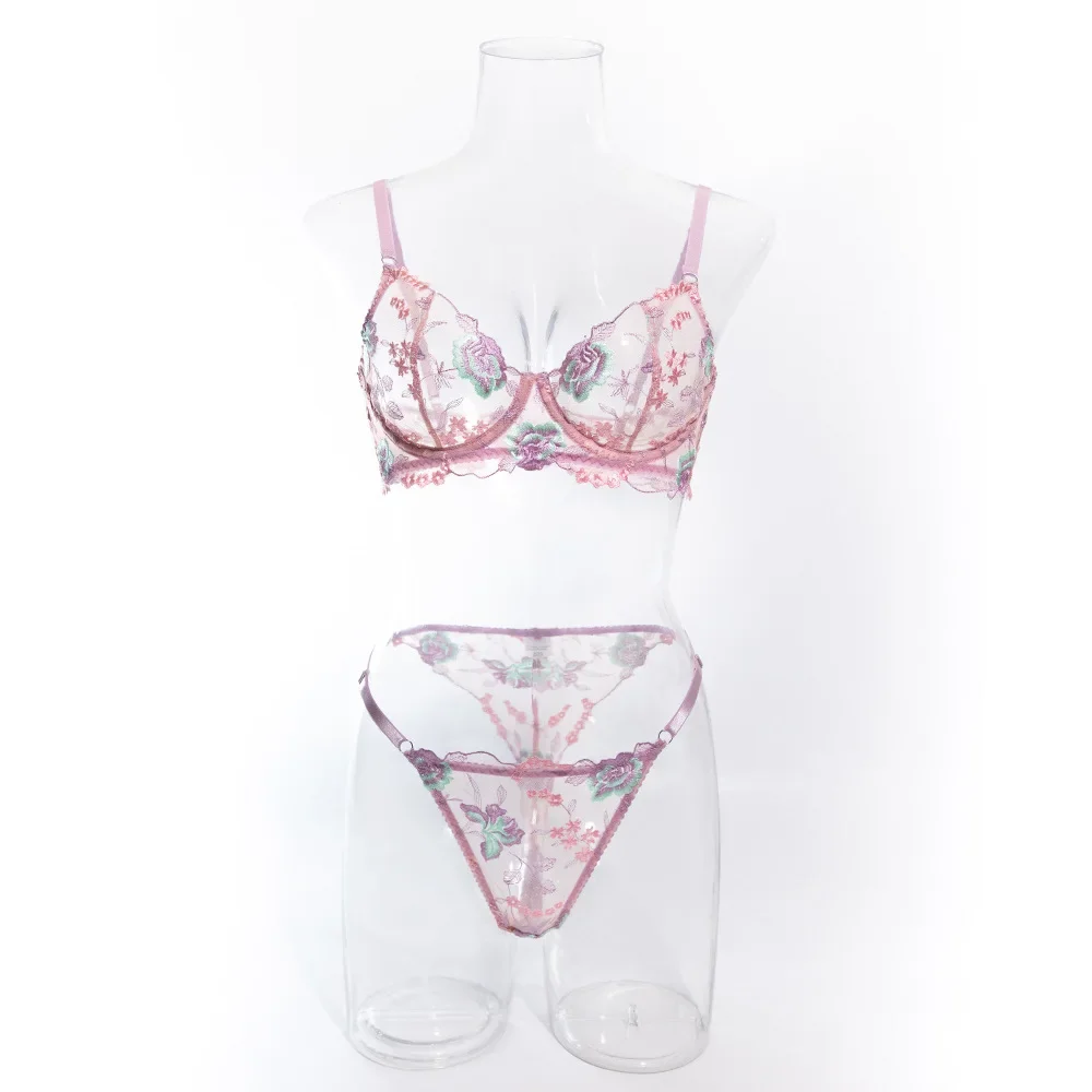 Set reggiseno trasparente dolce da donna Set di biancheria intima sexy in pizzo monostrato con ricamo sottile Anello in acciaio morbido che raccoglie biancheria intima prospettiva