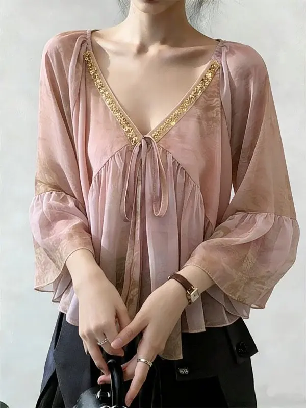 

Pink Shiny Sequin V-neck Shoulder-baring Women's Chiffon Top Spring Summer New Style Doll Shirt Age-defying Trendy Top