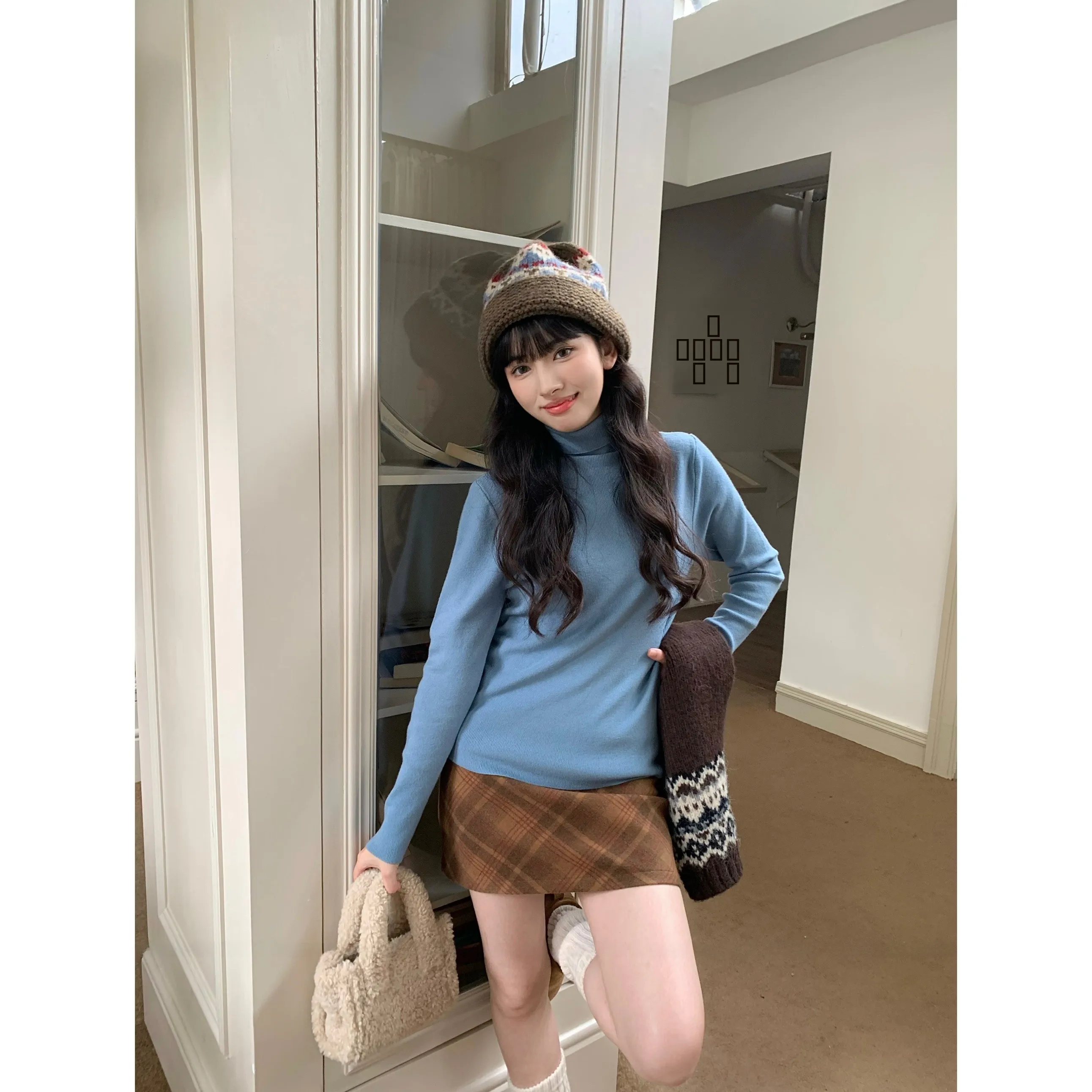 

Sosomall Sea Salt Blue Knitted Long Sve Base irt Warm Inner Wear Turtlene Polyester Fiber Commute Sle Winter 2024