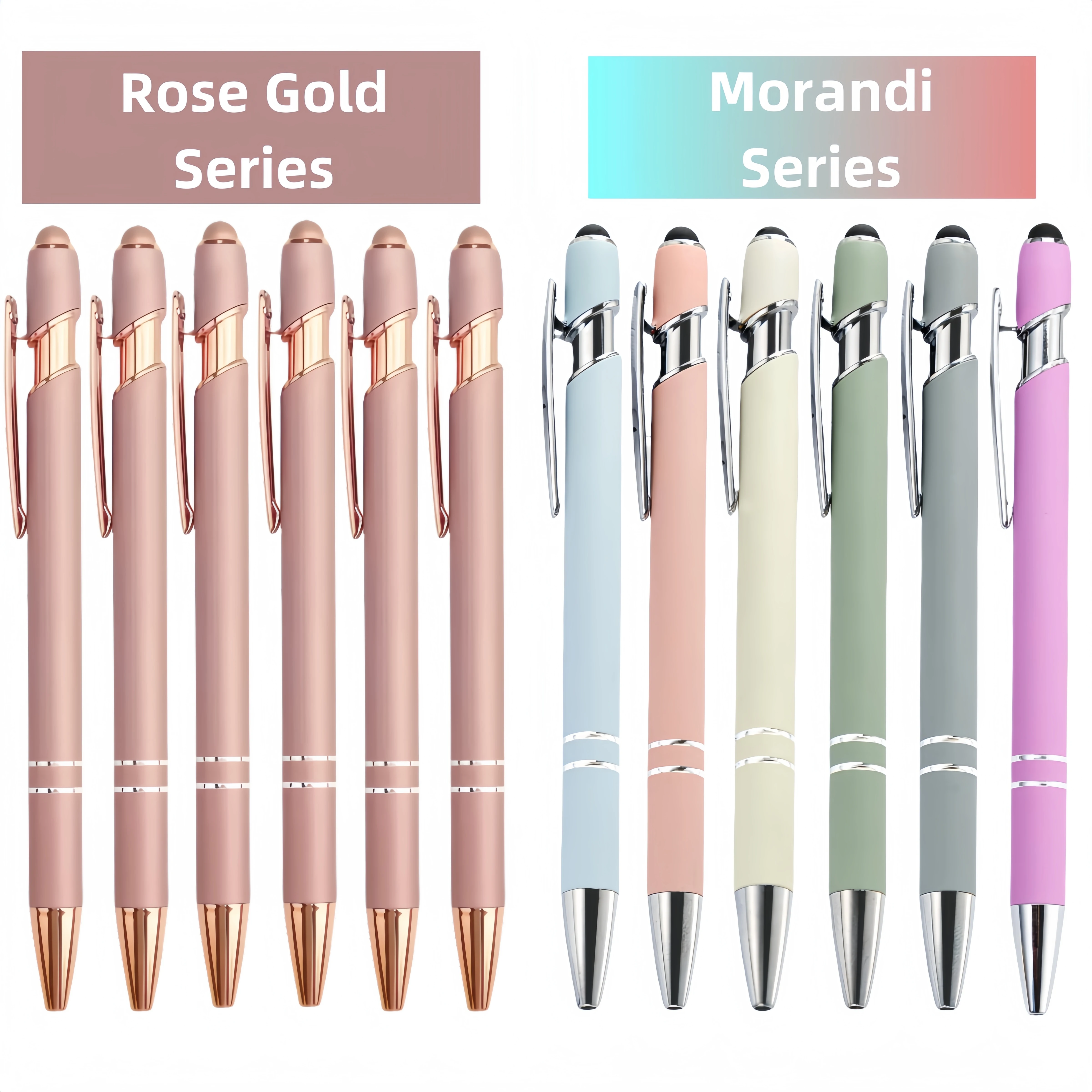 3PCS/6PCS Rose gold, Morandi color series 1mm black ink with rubber touch pen, metal ballpoint pen, can touch mobile phone, pad