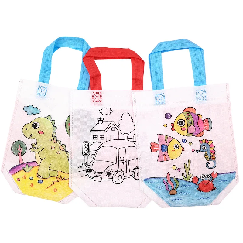 5pcs Children Graffiti Bags with Markers Cartoon Color Painting Non Woven Environmentally Friendly Bags Puzzle Drawing Toys TMZ