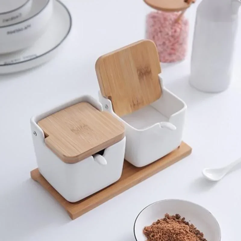 Kitchen Spice Rack Ceramic Wooden Lid Bamboo Tray Base Seasoning Pot Tool Porcelain Storage Container Set Convenient Salt Pepper