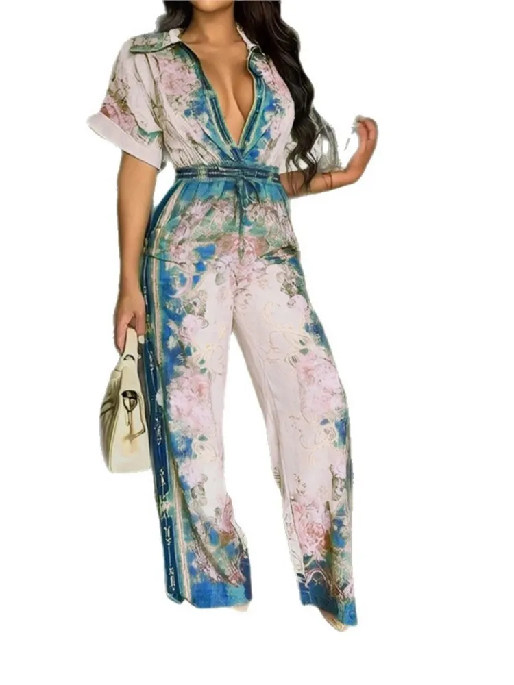 بذلة نسائية أنيقة للربيع والصيف للتنقل، أزياء مطبوعة وطية صدر السترة وأكمام قصيرة وخصر عالٍ، بدلة قفز فضفاضة واسعة الساق