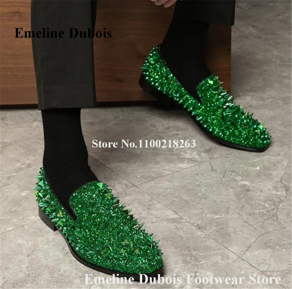 

Newest Men Rivets Loafers Emeline Dubois Bling Bling Green Blue Silver Gold Glitter Round Toe Slip-on Flat Leisure Shoes