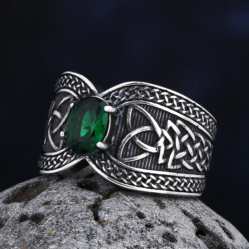 Fashion 316L Stainless Steel Nose Viking Celtic Knot Ring With Green Zircon Odin Amulet Scandinavian Jewelry For Couple Gift