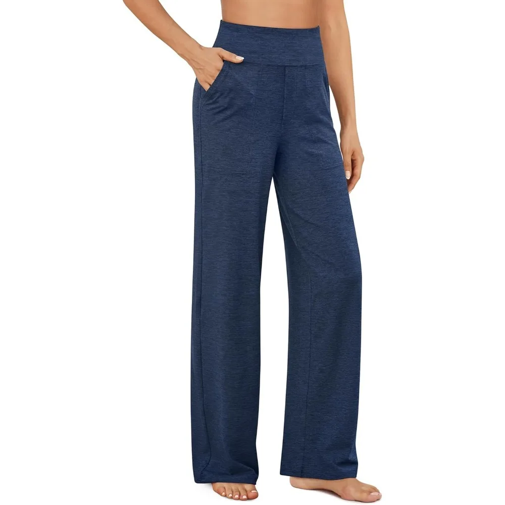 (Bule) سروال يوجا بنطال ذو قصة أرجل واسعة مع جيوب فستان عالي الخصر قابل للتمدد بنطال رياضي كاجوال صغير/عادي