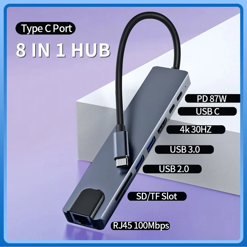 Адаптер USB C-концентратора 8 в 1 типа C с 4K HDMI 87 Вт PD USB-док-станцией RJ45 для телефона MacBook Pro Air, ноутбука, планшета для чтения карт