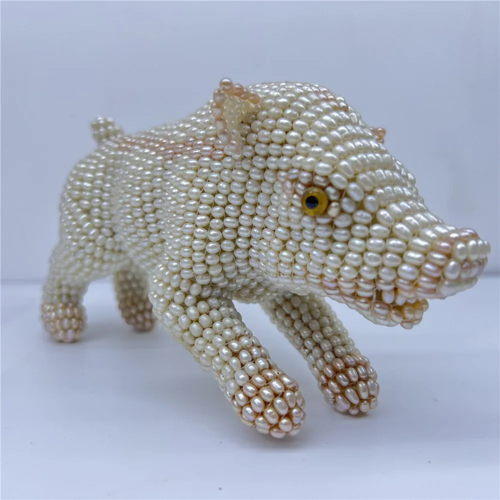 Pure Hand-Woven Animal Ornaments Panda Figure Pig Tiger DIY Natural Freshwater Pearls Home Living Room Office Desktop Decoration