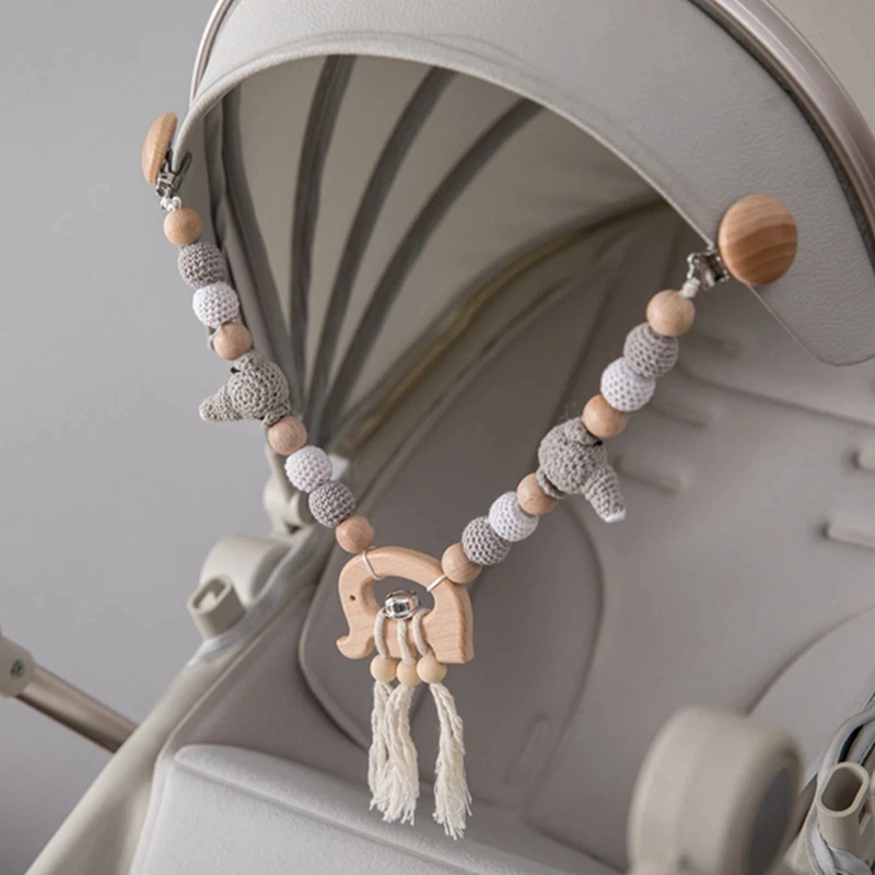 Baby Stroller Chain Cartoon Elephant Pendant Stroller Mobile Crochet Beads Crib Baby Gym Rattle Wooden Toys Gifts Teething Toy