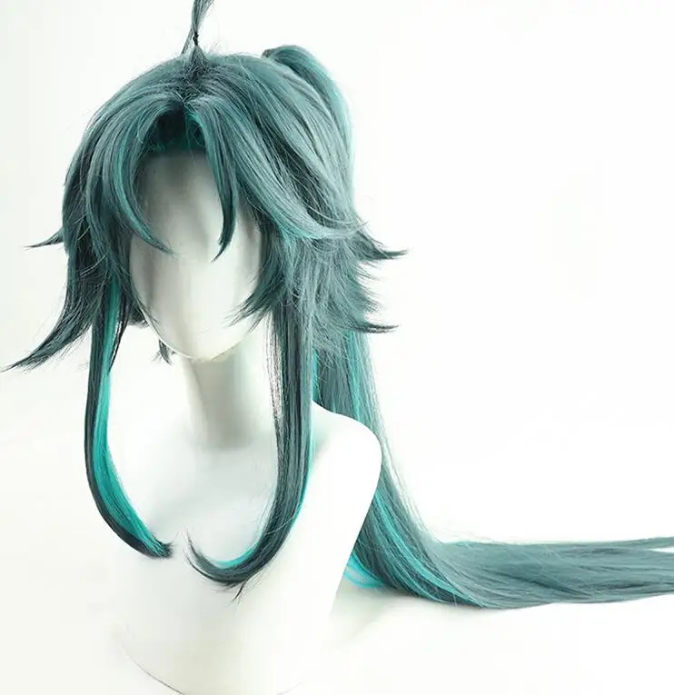 

100cm Genshin Impact Xiao Cosplay Wig Long Straight Pigtail Dark Green Heat Resistant Hair Adult Halloween Role Play