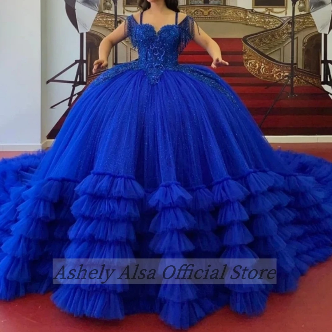 Aaq143 maßge schneiderte königsblaue Quince anera Kleider Frauen schulter frei Ballkleid Abschluss ball Party kleid Vestido de 15 Anos Festzug tragen