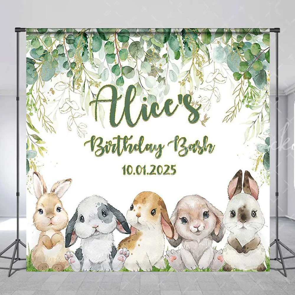 

Green Leaves Rabbits Custom Name Birthday Backdrop for Kids, Spring Bunny Photography Background Studio Wall Decor
