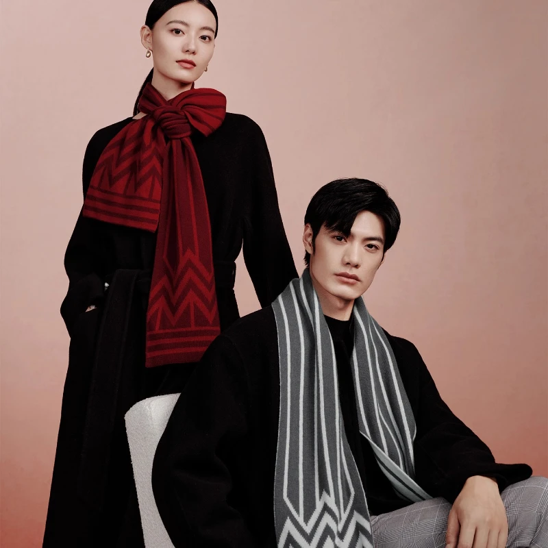 Wensli Christmas Gift 2025 New Wool Couple Scarf Striped 100% Sheep Wool Autumn/Winter Warm Neck Warmer