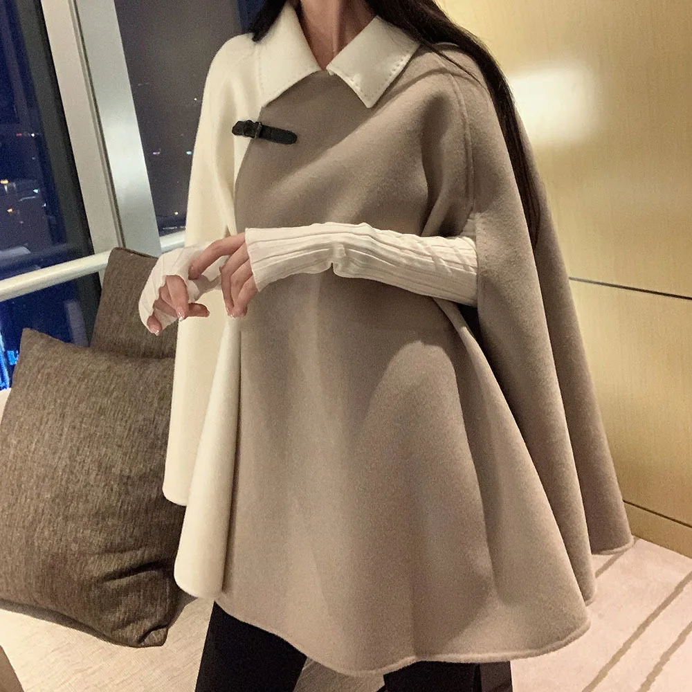 Autumn Fashion Cape Ponchos Women French Style Cloak Jacket Women's Spring 2023 Color Blocking Woolen Blends Shawl Coats Ladies