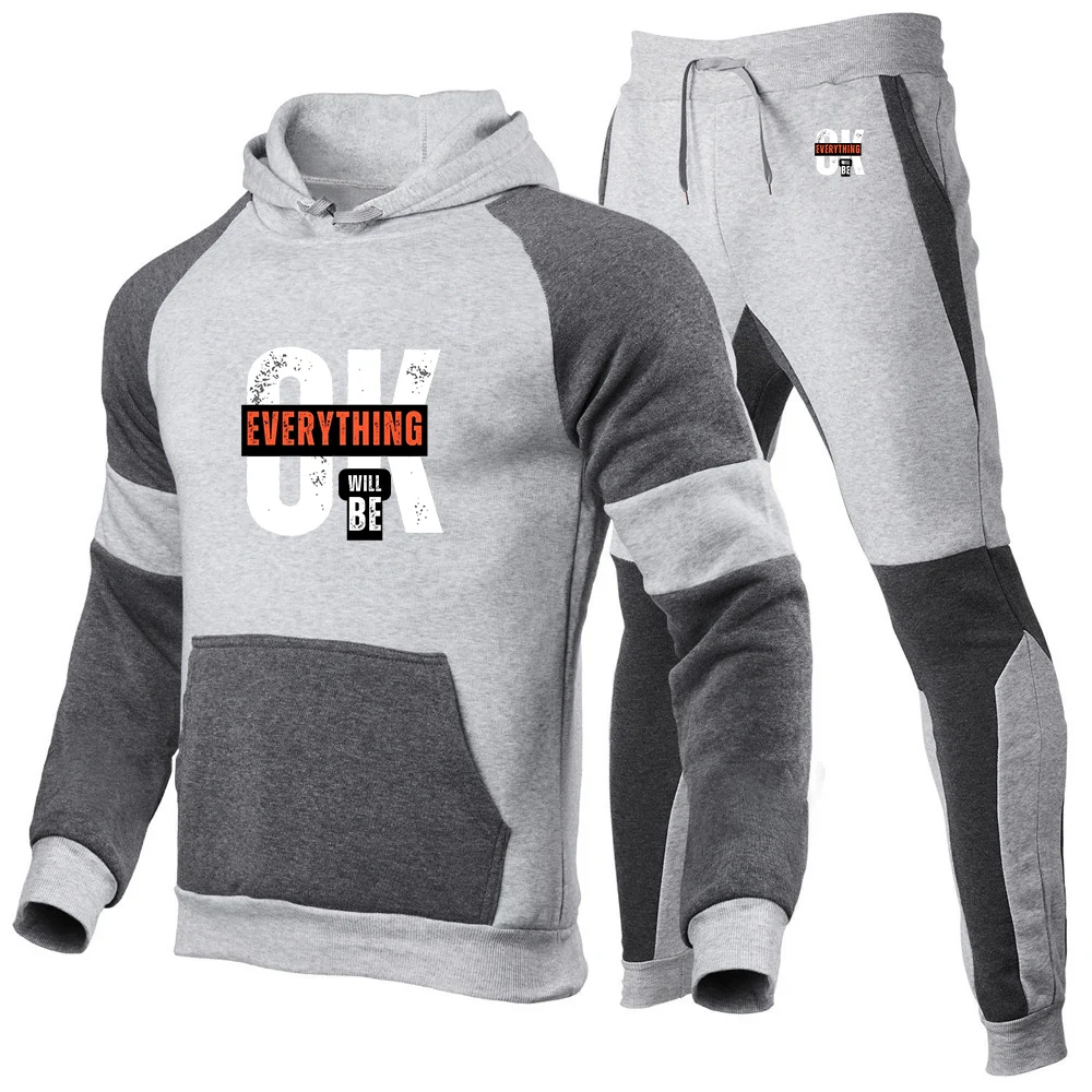 Spring And Autumn Everything Will Be Ok Logo Print 2026 Men's Simple Style Color Blocking Pullover Hoodies Pants Suits