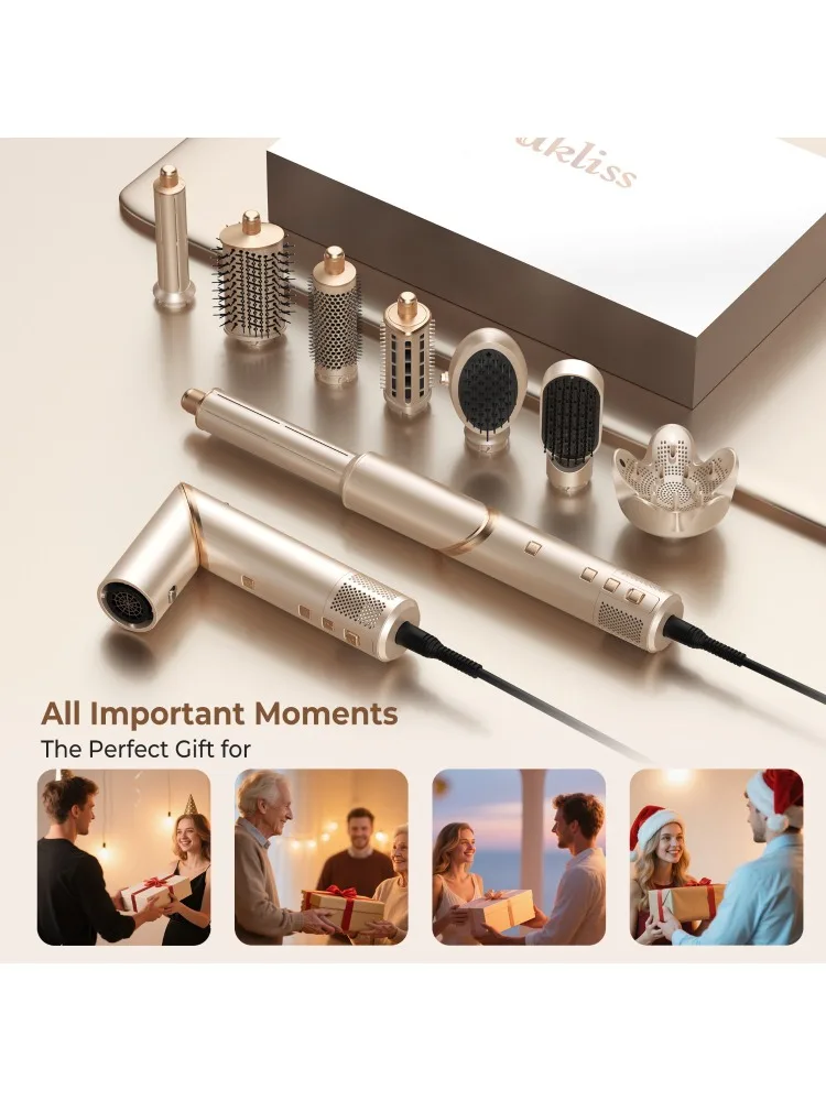 UKLISS 643 Champagnerfarbenes 8-in-1 Heißluft-Styler-Set, abnehmbares multifunktionales Haarstyling-Tool, Haartrockner, Lockenstab, Glättungsbürste & Glätteisen in einem, faltbarer, drehbarer