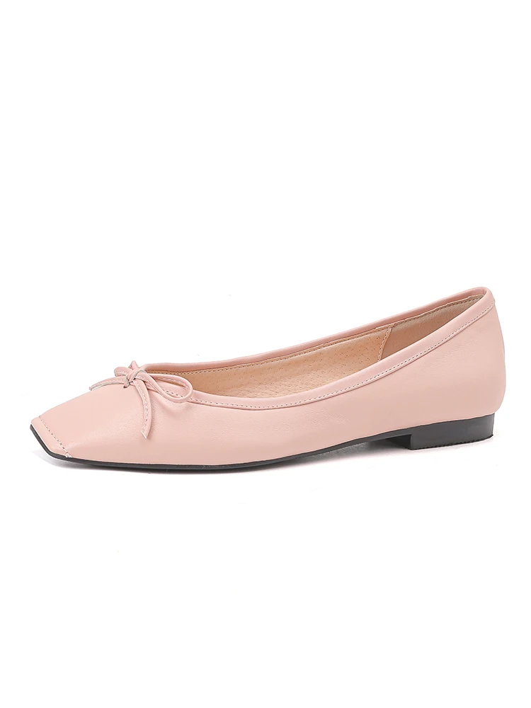 Genuine Leather Square Toe Women Flats Elegant Style Petite Foot Shoes Blue Pink Black Ballet Bowtied Flat Shoes