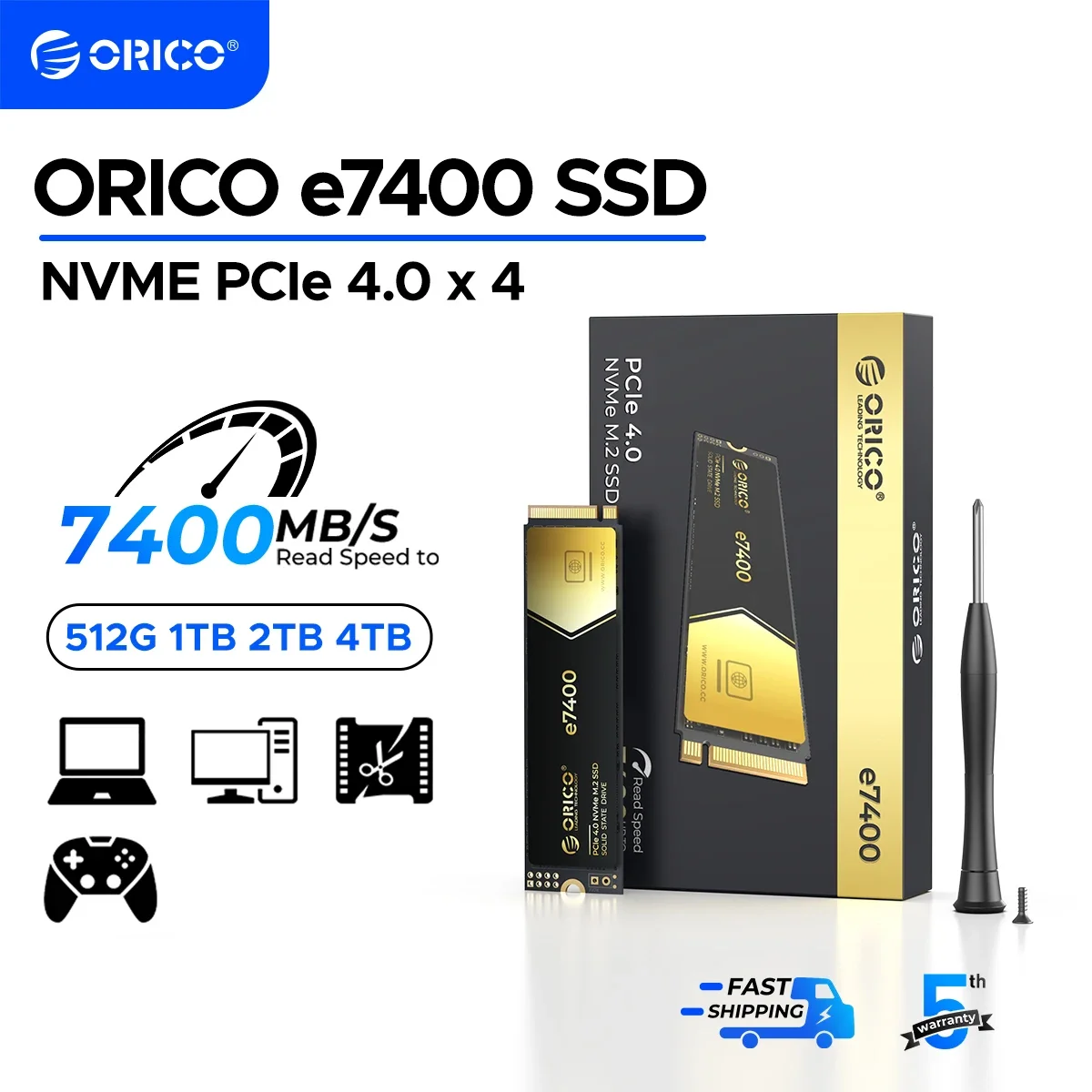 ORICO Gaming PCIe4.0 M.2 NVMe SSD PS5 7400MB/S Internal Solid State Drive Gen4 for High End Computing Gamer Heavy Duty Works