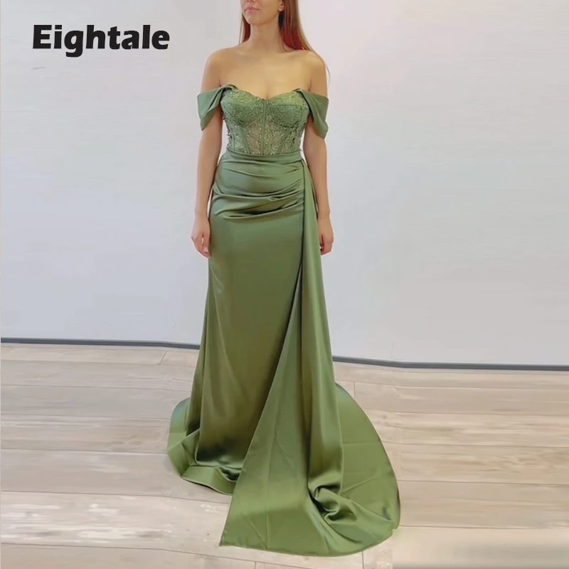 

Eightale Mermaid Evening Dress for Wedding Party Off the Shoulder Appliques Satin Formal Long Prom Gown Celebrity Dress