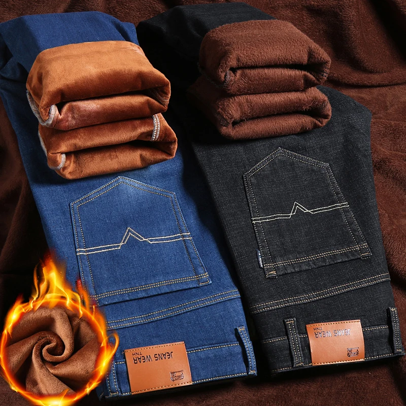 Celana Denim bulu domba untuk musim dingin 2024 celana Jeans Lurus pria tebal ukuran besar 40 celana Jeans pinggang tinggi melar Jeansy Fleece Lined Jeans ramping hangat