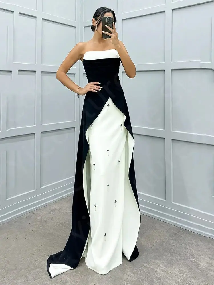 Customized Contrast Color Evening Dress Black and White Prom Party Dresses 2024 Strapless Wedding Guest Gown Beading Sweep Train