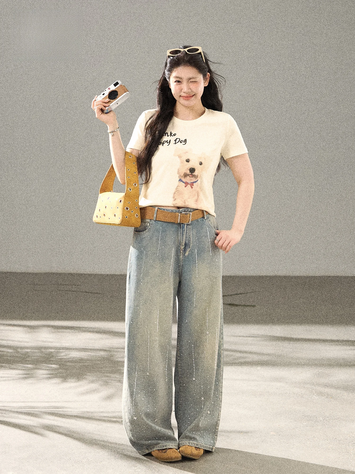 

Cannes Time Summer Casual Dog T-Shirt And Jeans Set High Waist Long Pants Short Sleeve round Neck Fashionable plus Size Set