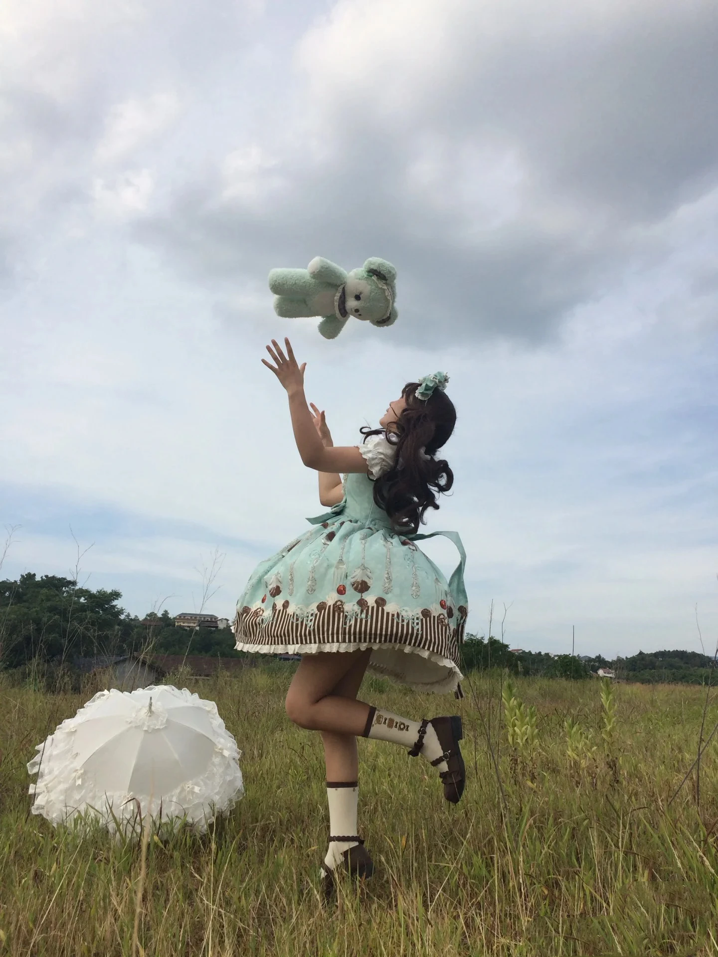ミントチョコレートブルーグリーンプリントヴィンテージスイート