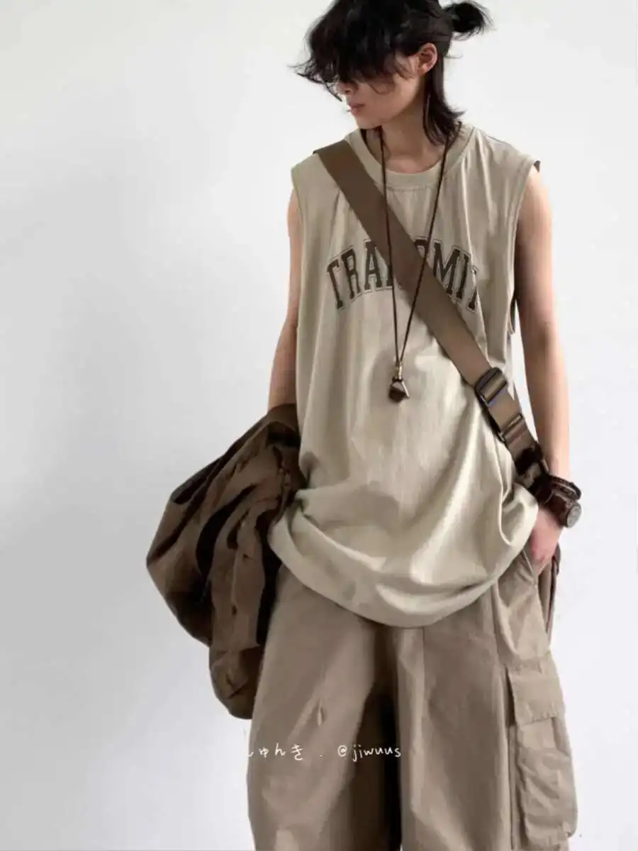 

Summer Printed Sleeveless Sweat Vest For Men And Women, Loose Fit For Sports And Fitness, Breathable American Workwear T-shirt,