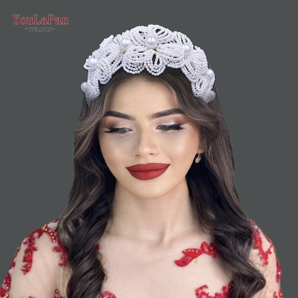 

YouLaPan Handmade Beaded Wedding Headband White Color Pearl Flower Bride Hair Hoop Elegant Women Party Hair Accessories HP697