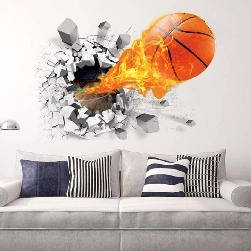 

3D Basketball Broken Wall Fly into Kids Room Creative Vinyl Stickers Home Club Decoration Waterproof Sports Poster Wallpaper