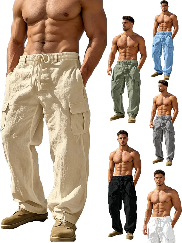 2026 Spring Summer Men Cotton Linen Pants Solid Loose Oversized Vintage Trousers Multi Pocket Straight Leg Casual Jogging Pants