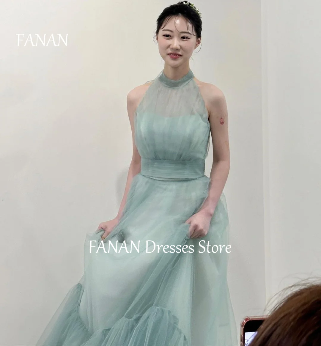 FANAN High Neck Open Back Evening Dresses Korea Tulle Simple A-Line  Elegant Wedding Women  Gowns Event Prom Gowns Customized