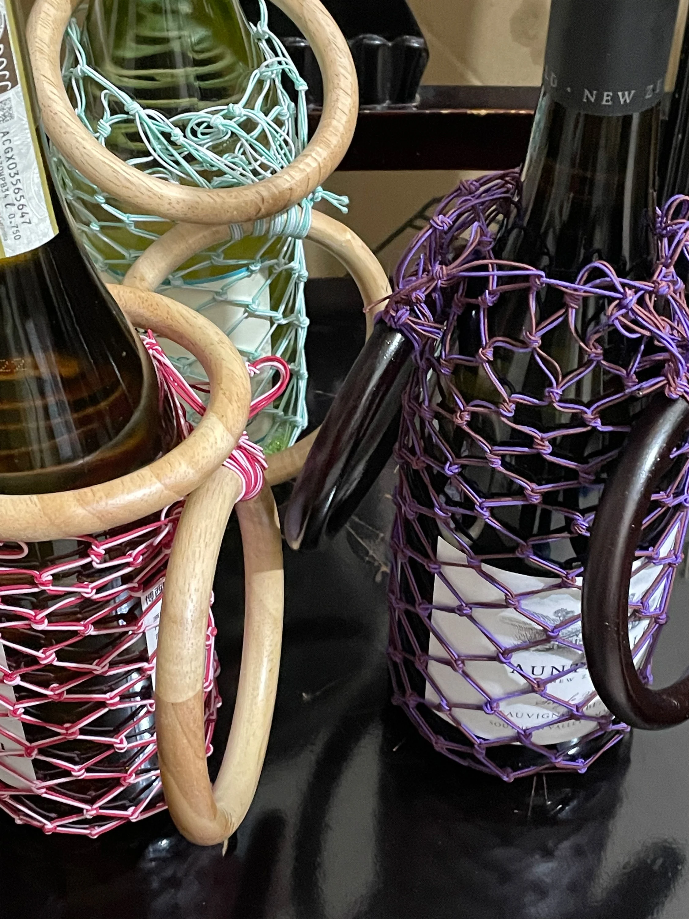 Handwoven Elastic Insulation Tea Cup and Wine Bag Cover,portable Solid Wood Circular Mesh Pocket,fashionable Bottle Storage Bag