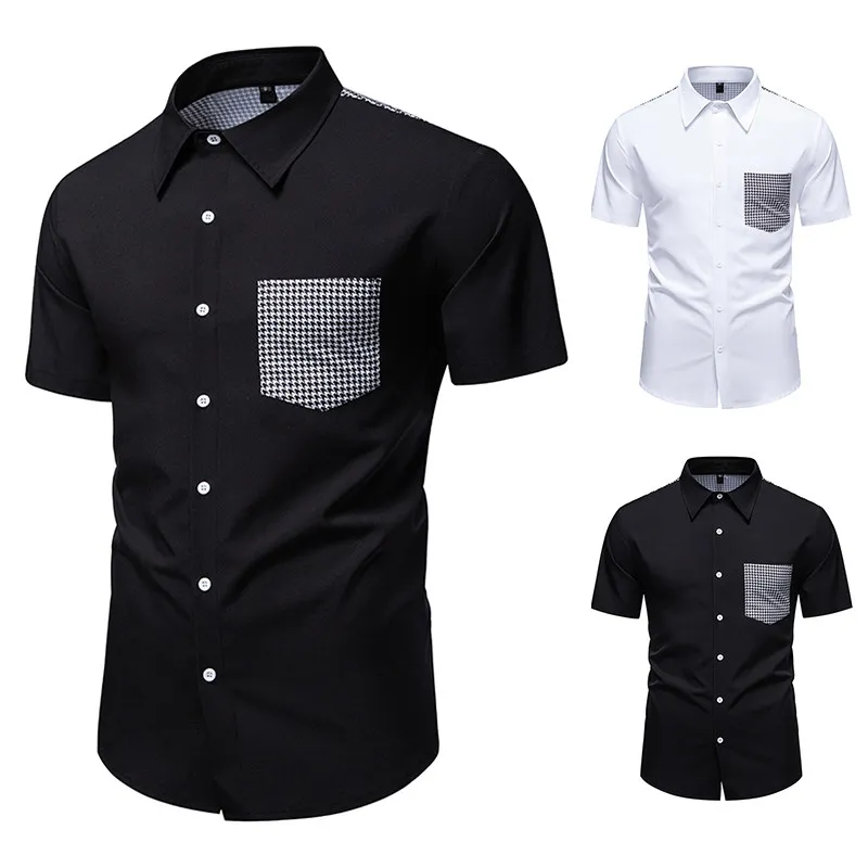 

Cross-Border Hong Kong Style Men's Short Sleeve Shirt Color Block Plaid Fashionable Youth Polyester Spandex Casual Shirt