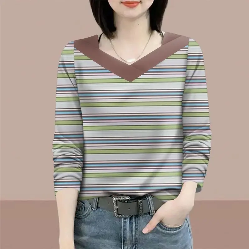 Contrast Striped Long-sleeved T-shirt for Women Loose Bottoming Casual Right Shoulder V-neck Top