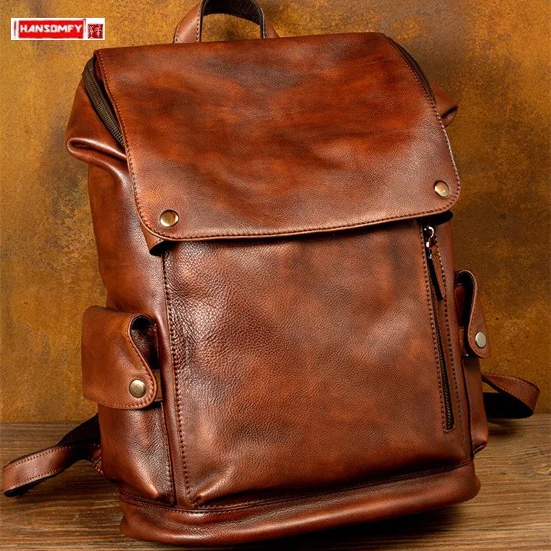 

Retro Genuine Leather Men's Backpack Casual Soft Cowhide Shoulder Computer Bag Travel Backpacks Men And Women 2024 New