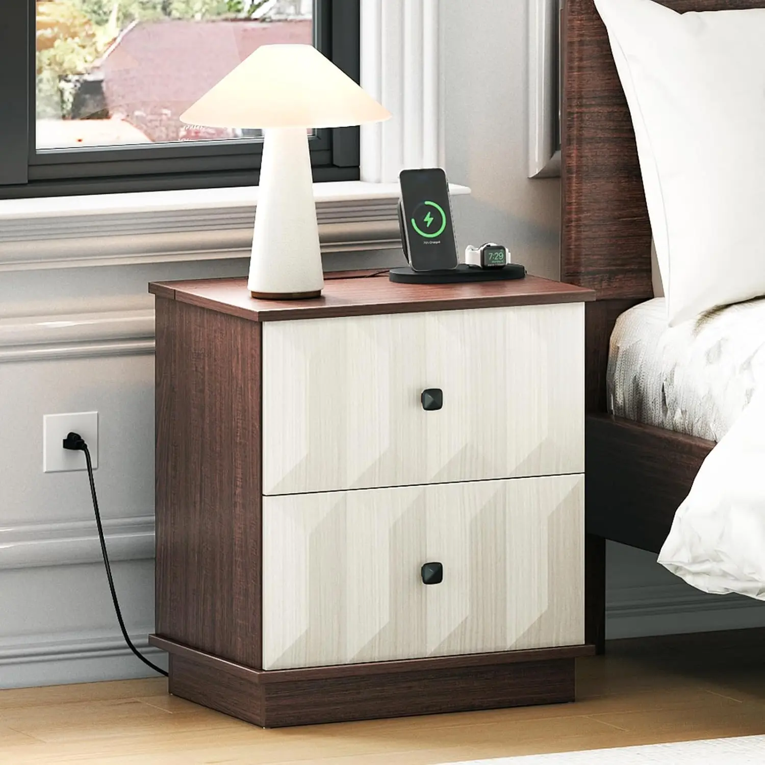 Rustic Nightstand with Power Charging Station,2 Drawers,19