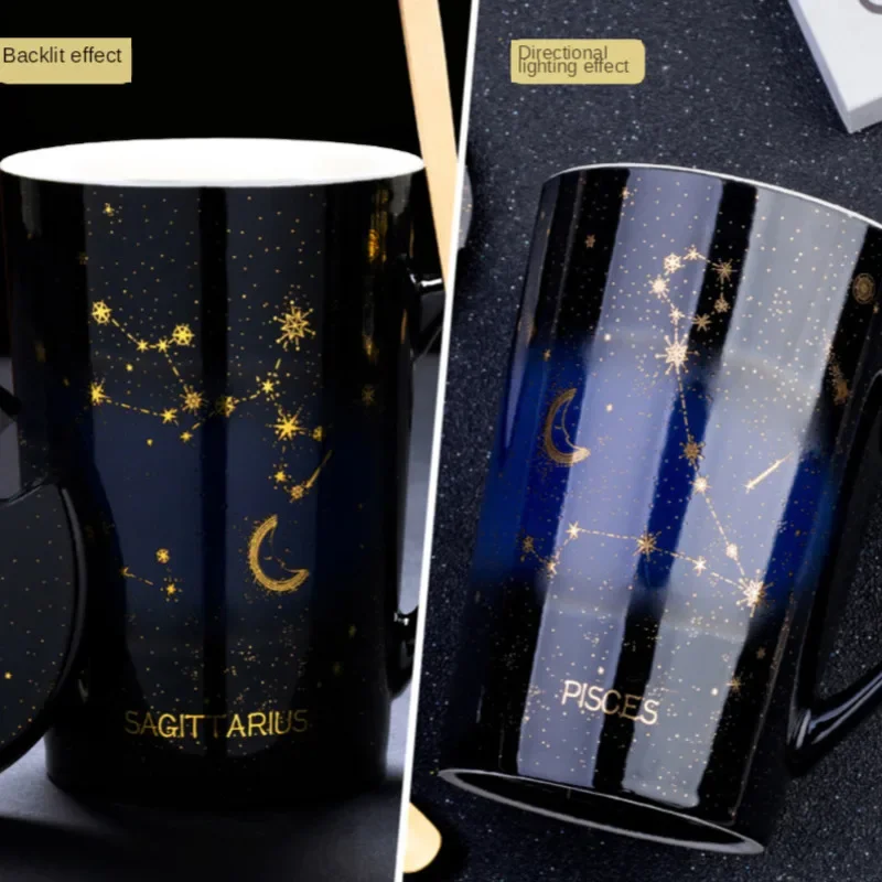 Zodiac Ouro Céu Estrelado Caneca de Porcelana com Tampa Colher Canecas Cerâmicas, 12 Constelações, Copos Criativos, Leite e Copo de Café, 1PC