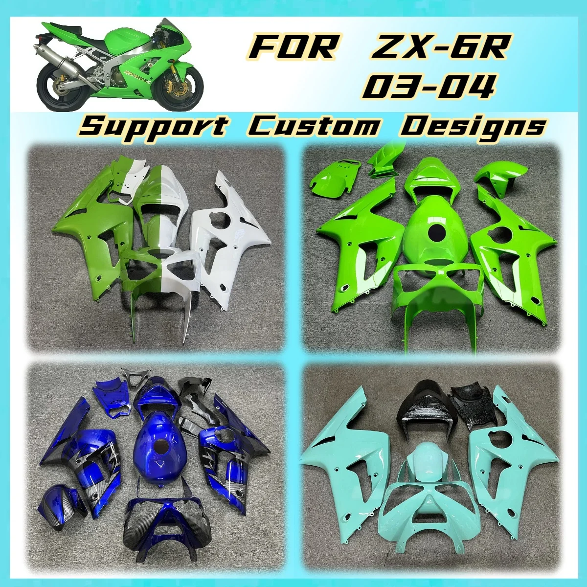 For Kawasaki 2003 2004 ZX 6R Fairing Kit ABS Plastic Injection Bodywork Panels ZX6R 03 04 Fairings Cowl Components