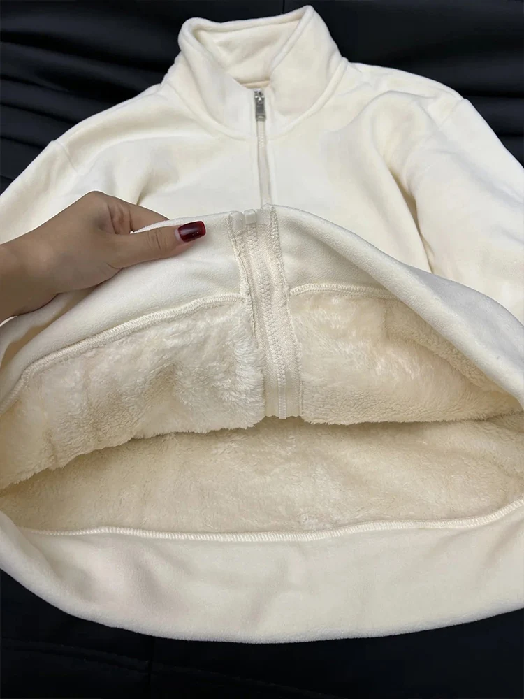 

Ladies Thiened Fce Jaet Woolen Inner Coat Warm Sli Commute Sle Zipper Closure Long Sve Pure Color Outerwear