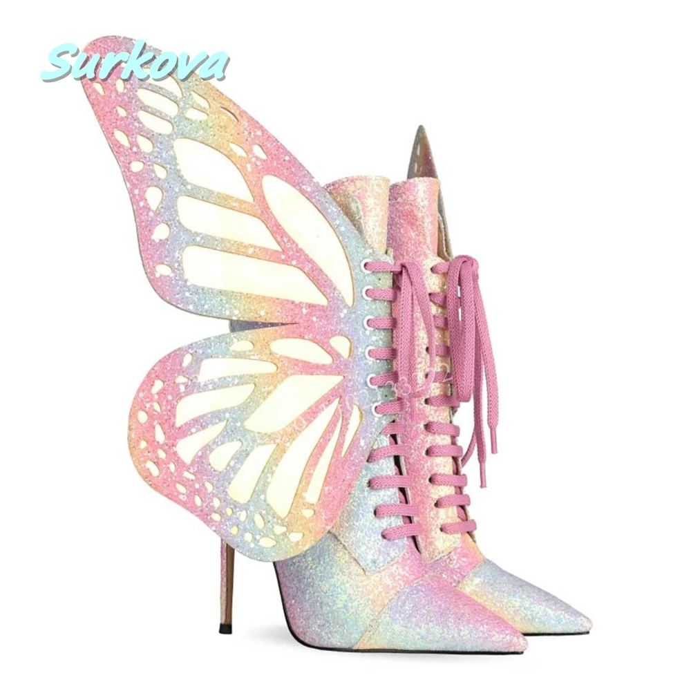 

Colorful Butterfly Wing Stiletto Boots Pointed Toe High Heel Winter Autumn Spring All Match Comfortable Party Women Shoes