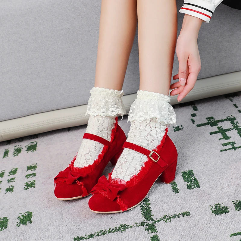 Matting Frosted Leather Classic Lolita Shoes Sweet Lace Edge Buckle Strap Spike Heel Pumps Fashion Party Princess Cosplay