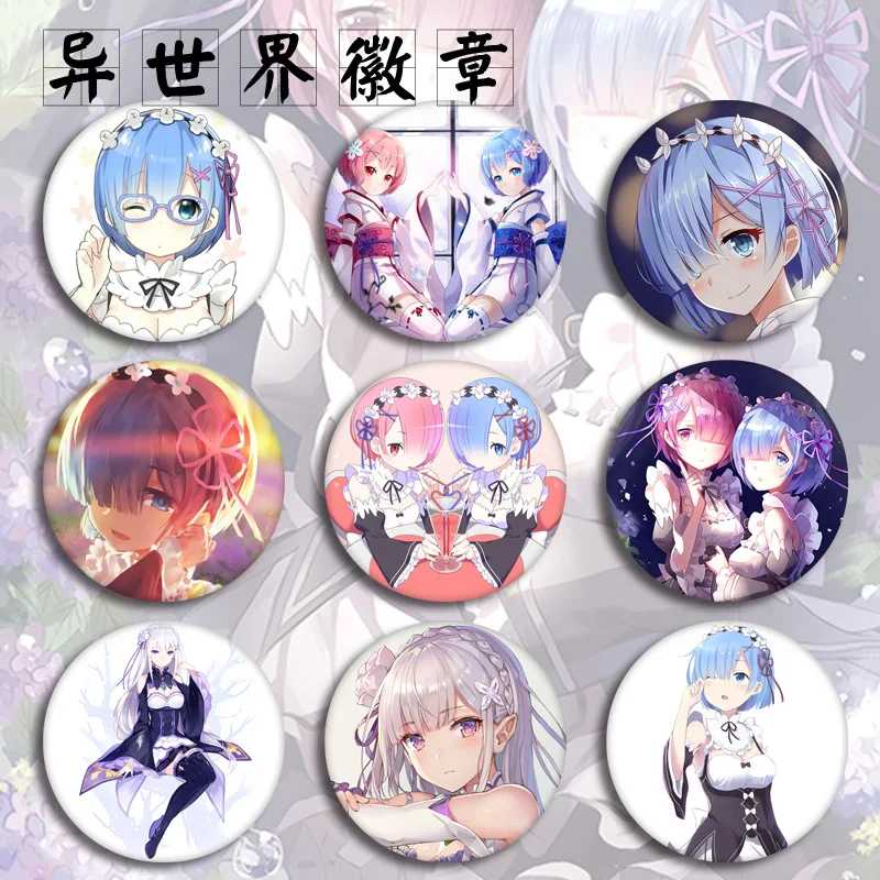 24 Pieces 58mm Anime Re:Life In A Different World From Zero Brooch Rem Ram Emilia Beatrice Badge 58mm Round Icons Pin Button