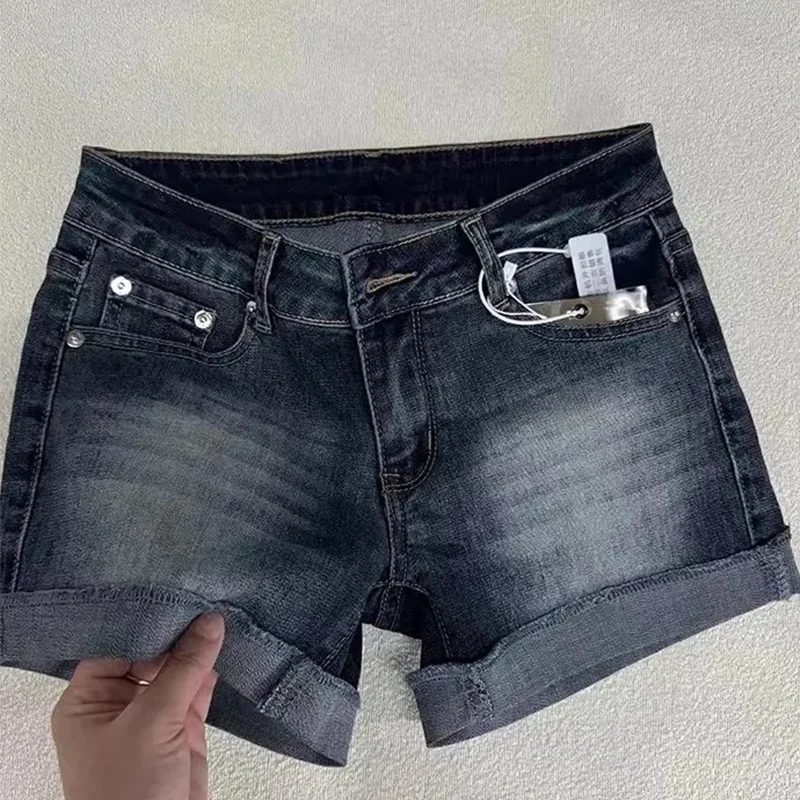 Retro roll up hem profundo azul denim shorts feminino verão sexy baixo aumento cobrindo calças quentes americano angustiado lavado jean curto